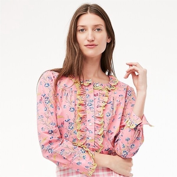 J. Crew Tops - J. Crew Liberty Wheat Bouquet Pink Floral Blouse with Yellow Trim